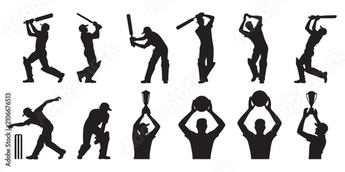 Fényképezés Silhouette collection of cricket players featuring batsmen bowlers fielders and champions holding trophies on white background for design