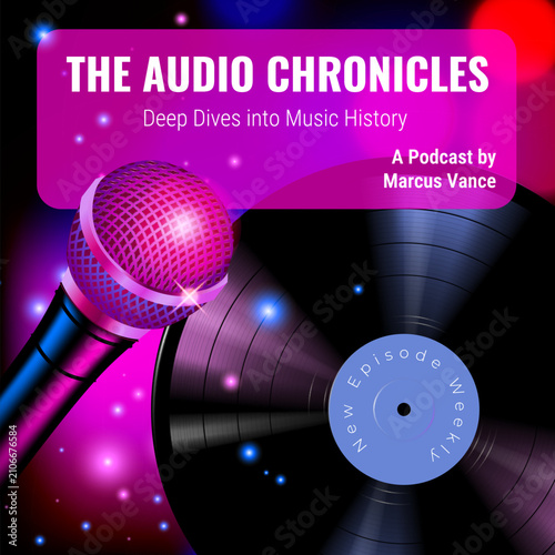 Vibrant microphone and vinyl record glow with purple and pink hues. Sparkling particles float around, evoking music and nostalgia. Record spins, symbolizing timeless sound history