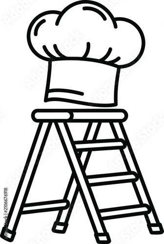 Monoline Outline Icon of a Toque Chef Hat Resting on Top of a Foldable Aluminum Stepladder