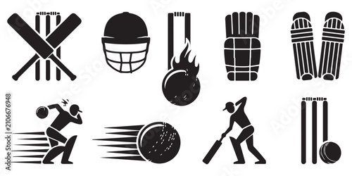 Fotografía Cricket equipment icon set with bat, helmet, ball, pads, and wicket, bowler throwing, batter hitting, black silhouette vector illustration