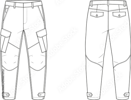 Картината върху платно Fashion design technical sketch of men's utility cargo pants with side pockets a