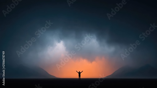 A lone figure reaches for a radiant sunrise while standing in a dark storm. This cinematic, photorealistic scene captures a powerful concept of hope and contrast.
