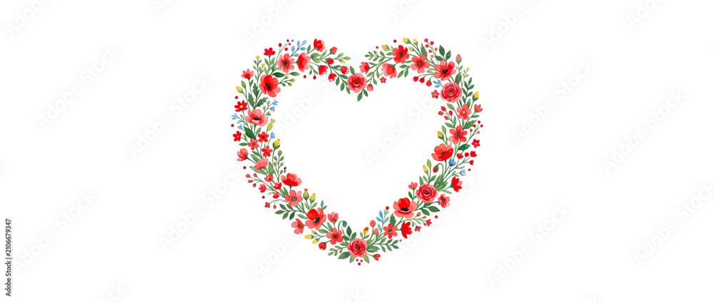 Fototapeta premium Watercolor floral heart shape with red flowers and green leaves