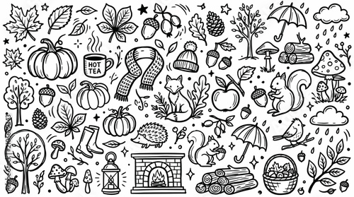 Autumn Nature Pattern in Black and White Hand Drawn Doodle Style