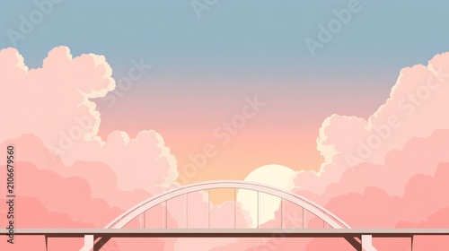 Arching bridge silhouette against pastel sunset sky filled with fluffy pink clouds