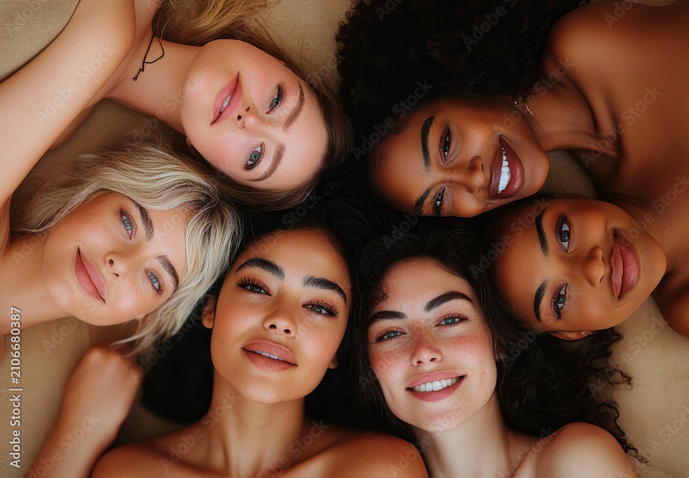 Fototapeta premium Five women lying in a circle with heads together, diverse hair textures and skin tones, bare shoulders on a neutral surface, conveying relaxed intimate warmth and close friendship