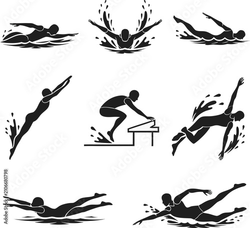 Swimming Sport Silhouette Vector Icon Set with Competitive Strokes