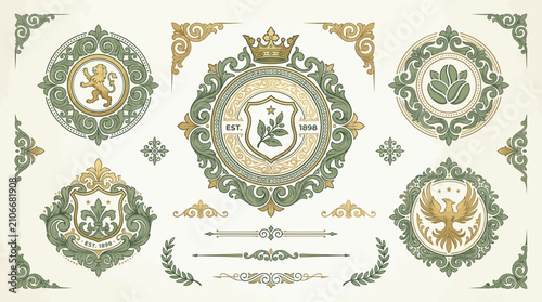 Heraldic Emblems Collection: Vintage Crests, Laurels, and Ornaments