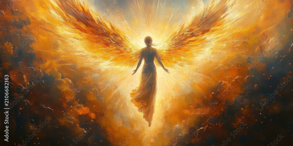Fototapeta premium glowing angelic figure with expansive fiery golden wings hovering amid radiant clouds, evoking awe and serene transcendence