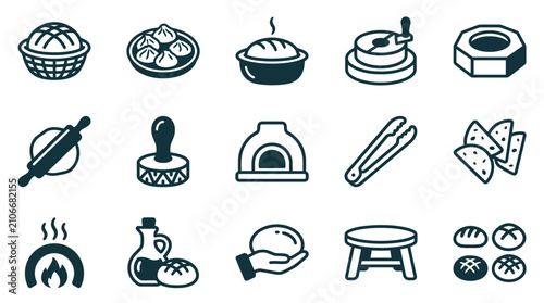 Photography Set of 15 flat vector icons illustrating bread making and traditional bakery tools including stone oven, rolling pin, bread stamp, millstone, tongs, dough, and various baked loaves