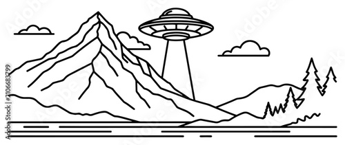 Tableau sur toile UFO hovering over mountain landscape and pine forest lake in minimalist line art