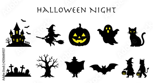 Cuadro en lienzo ハロウィンシルエットセット｜Halloween Silhouette Collection | 魔女・おばけ・ジャックオーランタン・ホラーアイコン・ベクター素材