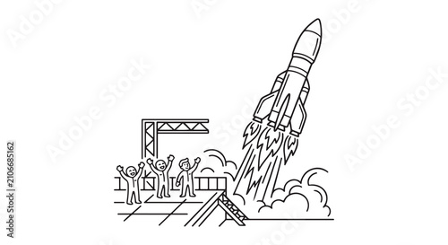 Line Art Illustration of a Rocket Launching Successfully with Excited Scientists Celebrating the Achievement