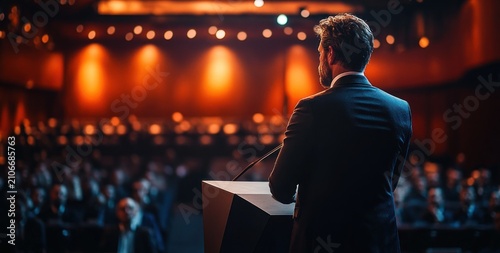 Back view of a confident man speaking into a microphone at a podium to a seated audience in a warmly lit auditorium