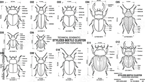 Obraz na płótnie Technical schematic vector diagram of stylized beetle variations infographic cha