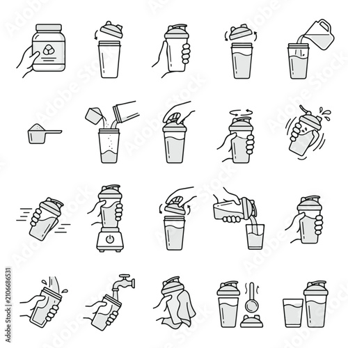 Protein Shake Preparation Instructions Vector Icons for Healthy Lifestyle and Fitness