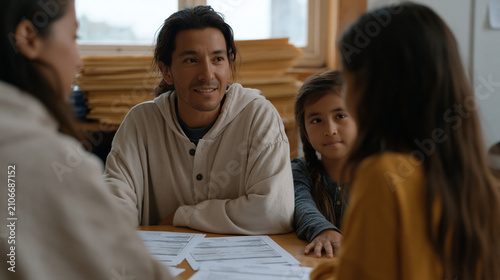 An immigration services caseworker sits across a wooden desk from a family of three, documents and forms spread between them in a modest community center office, a window letting