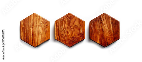 Wooden hexagons on a white background. Geometric figure hexagon decor element. Isolated.
