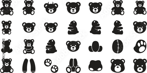 Assorted teddy bears in various poses and styles with contrast illustration decorative collection
