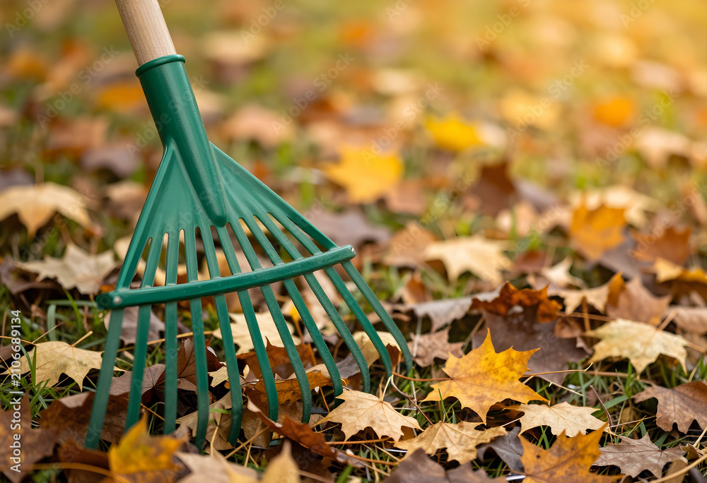 Obraz premium Green rake with wooden handle on a lawn covered in colorful autumn leaves, fall season yard work
