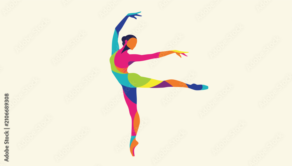 Obraz premium Elegant abstract colorful silhouette of a graceful professional ballerina performing a dance pose on a beige background.