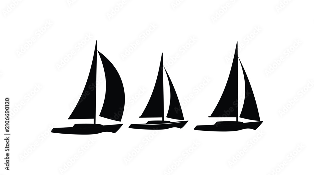 Fototapeta premium Three sailing boats in black silhouette against a white background