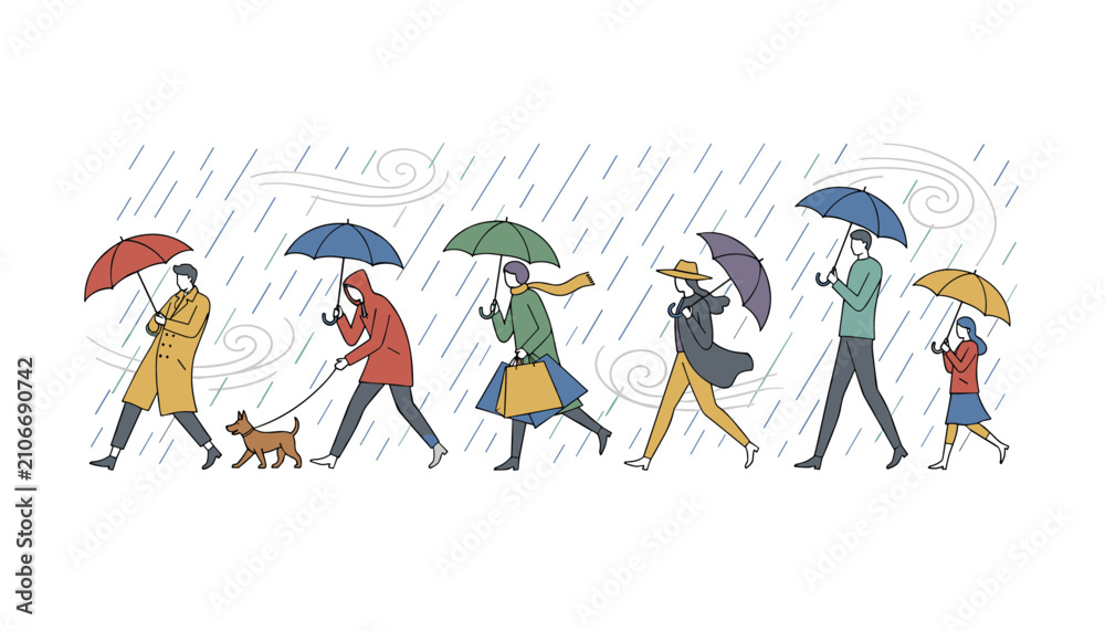 Naklejka premium Diverse crowd of people with colorful umbrellas walking through heavy wind and rain on a wet autumn or spring day.