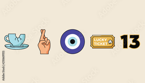 Set of colorful flat superstition and luck icons including broken cup, crossed fingers, evil eye, lucky ticket, and number thirteen.