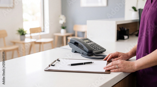 Professional clinic assistant in purple medical scrubs taking phone call and writing patient notes at bright healthcare front desk clinic assistant, medical receptionist, healthcare