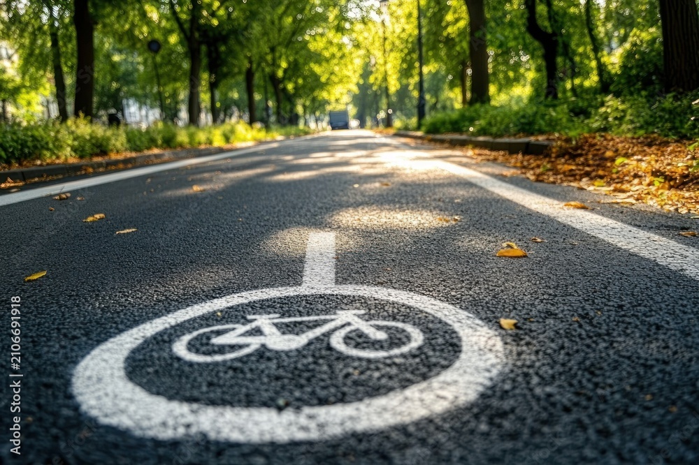 Obraz premium Sunlit tree-lined bike lane in a park with painted bicycle symbol on asphalt, scattered autumn leaves and a peaceful, inviting atmosphere