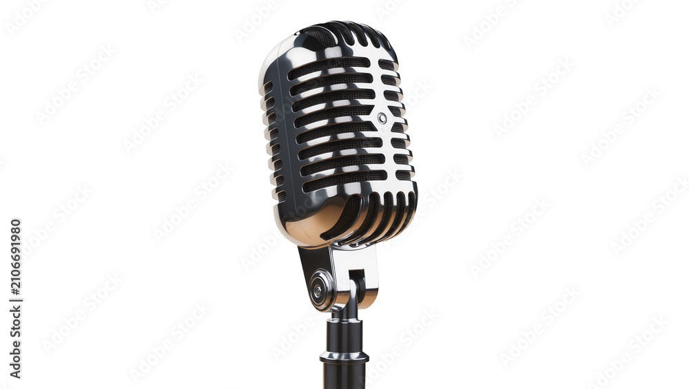 Fototapeta premium Isolated classic silver microphone for singing, recording, speech, and live performance audio