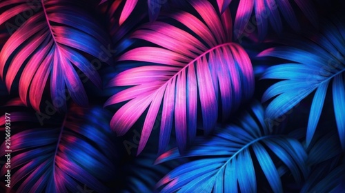 Layered tropical palm leaves in vibrant neon pink and blue with glowing highlights and a moody, dreamy atmosphere