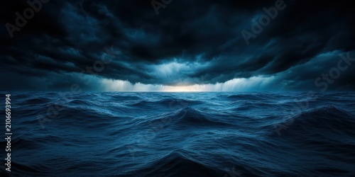 dark storm clouds over rough ocean waves with a distant sliver of light on the horizon, dramatic and foreboding atmosphere