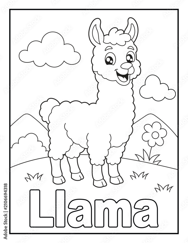 Fototapeta premium Llama Coloring Page with Animal Name for Kids. Simple Black and White Educational Illustration for Children.