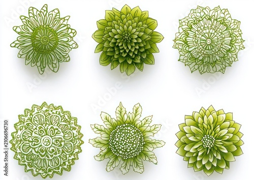Six green floral mandala and rosette designs with layered petals and lace-like linework on white background conveying a fresh, calming springlike mood
