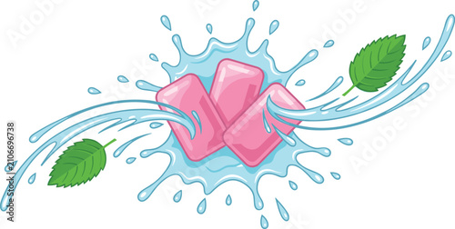 Bild auf Leinwand Fresh Pink Chewing Gum Vector Illustration Set Featuring Mint Flavor Bubble Gum