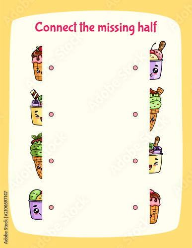 Educational worksheet for preschool children with cute kawaii ice cream. Matching activity page for kindergarten kids.