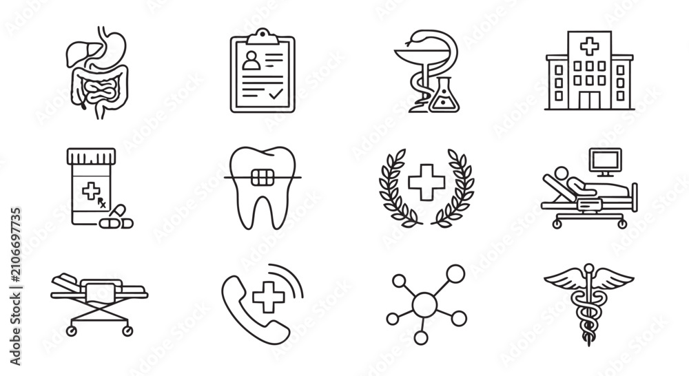 Fototapeta premium Medical and healthcare related line icon set for clinical use with healthcare hospital clinical pharmacy