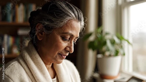 Senior Indian woman looking out window at home