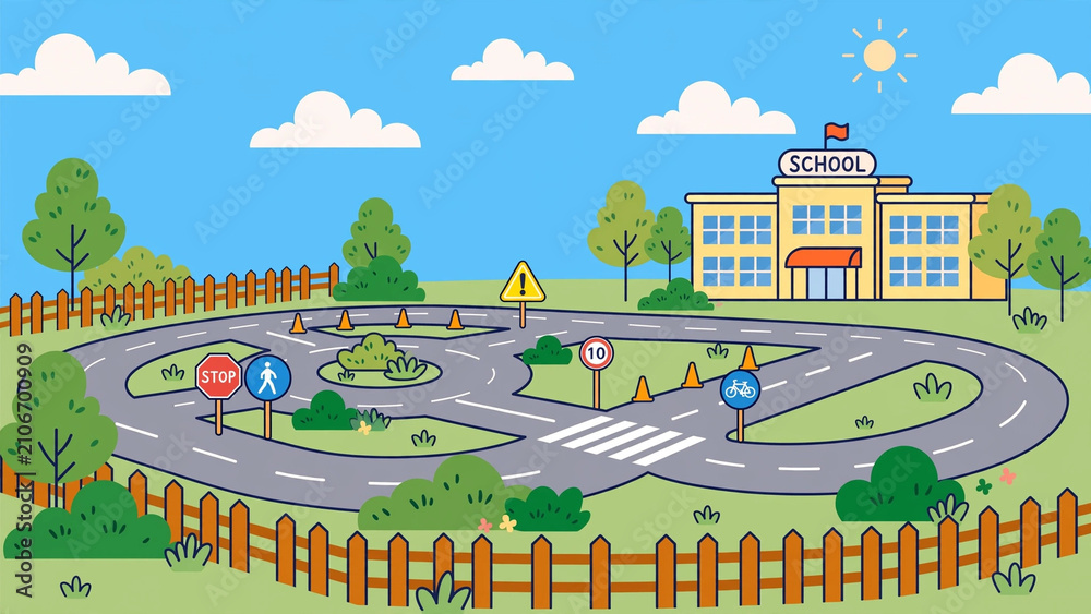 Naklejka premium Colorful cartoon school playground with race track and kids.