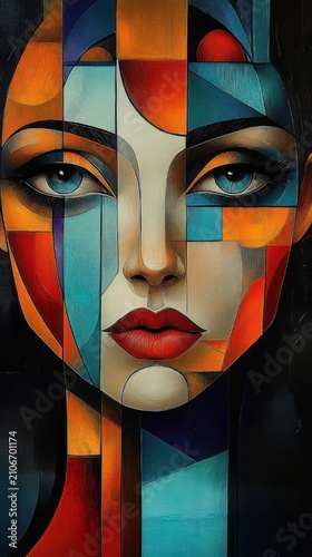 geometric abstract portrait of a woman's face made of colorful interlocking panels with intense blue eyes and red lips, stylized fragmentation conveying mystery and melancholy