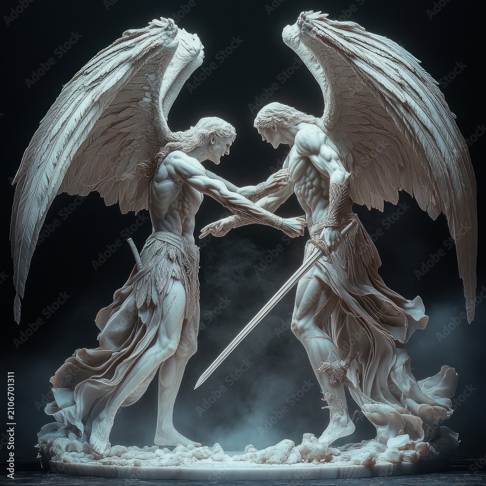 Fototapeta premium Two winged marble angels in tense confrontation, clasping forearms with flowing drapery and a sword amid swirling smoke