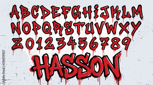 Horror graffiti font with dripping red blood effect, spooky halloween alphabet and numbers vector set, macabre hand drawn lettering for posters