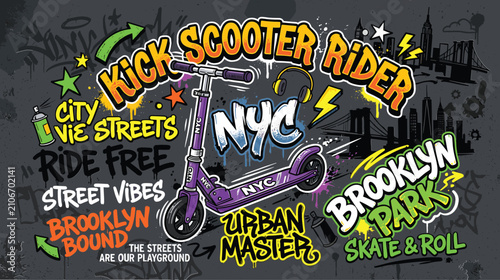 Foto Urban kick scooter rider graffiti vector, street style city vibes illustration,
