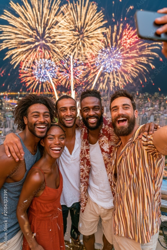 Fototapeta premium Friends taking a rooftop selfie with fireworks over the city during a joyful night celebration
