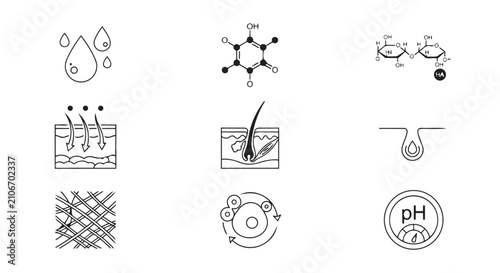 Dermatology and skincare scientific analysis icons depicting skin structure chemistry and ph balance
