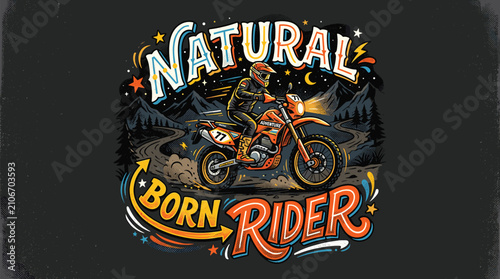Foto Vintage motocross vector illustration with Natural Born Rider text, retro dirt b