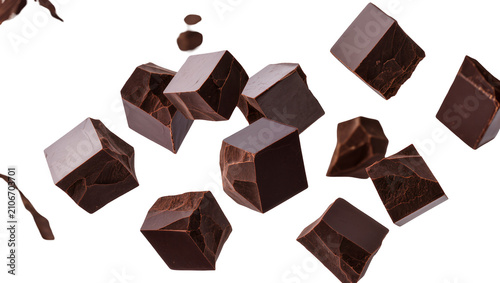 Schilderij op canvas Isolated delicious dark chocolate chunks and broken pieces in dynamic free fall