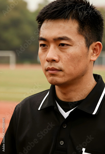 Asian man in black polo shi...