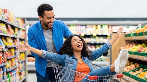 Man pushing woman in shopping cart in supermarket